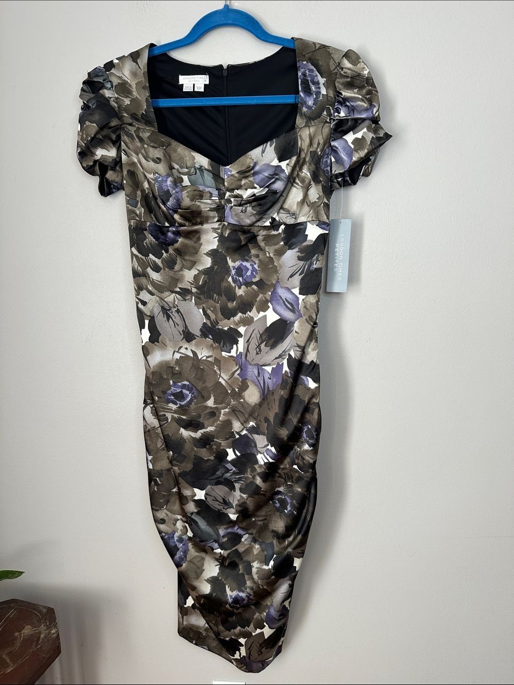 London Time Petite Olive and Purple Satin Floral Midi Sheath Dress size 10P NWT